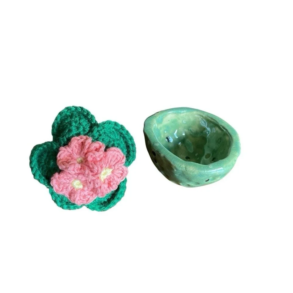 Crochet African Violet in Clay Vase Pink Flowers Handmade Crocheted Plant Decor